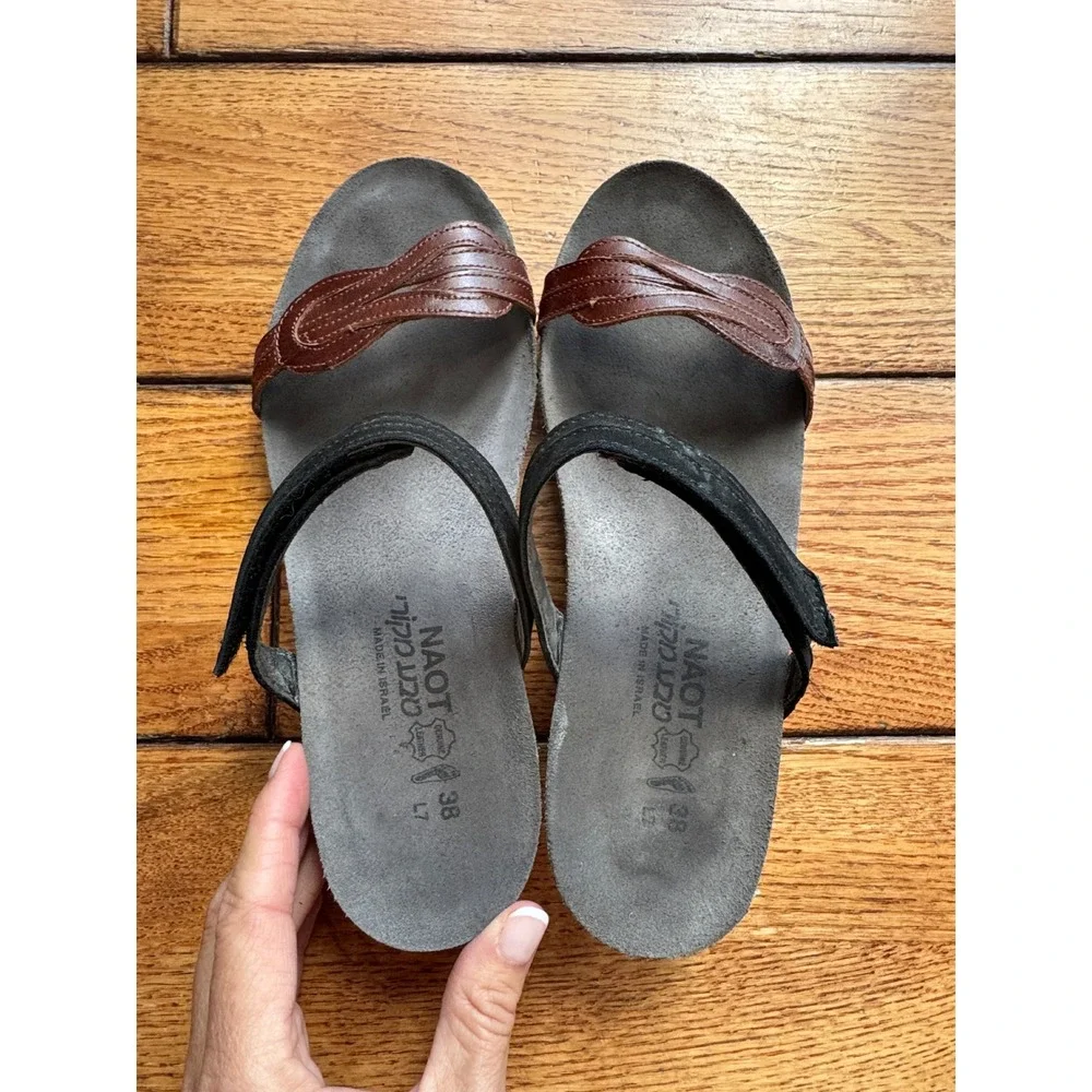 Naot Wedge Sandals Women 38 Brown Black Leather Comfort Cork Footbed Israel